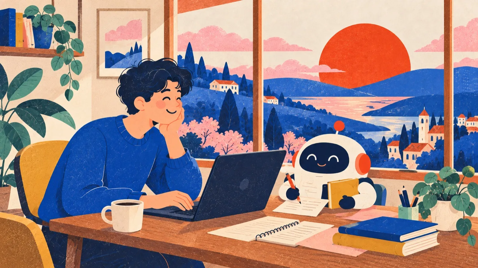 机でノートパソコンに向かう人と、手伝う丸いロボット