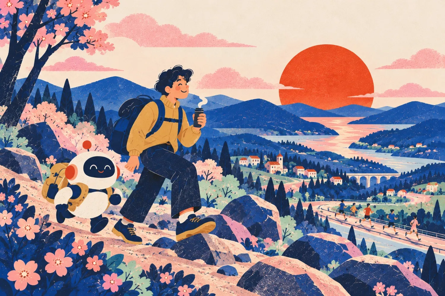 コーヒーを持って山道を歩く人とロボットのイラスト