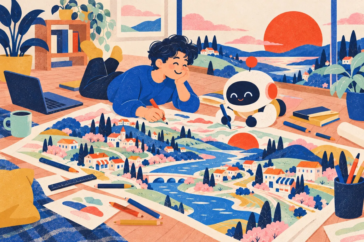 人とロボットが一緒に大きな地図を描いているイラスト